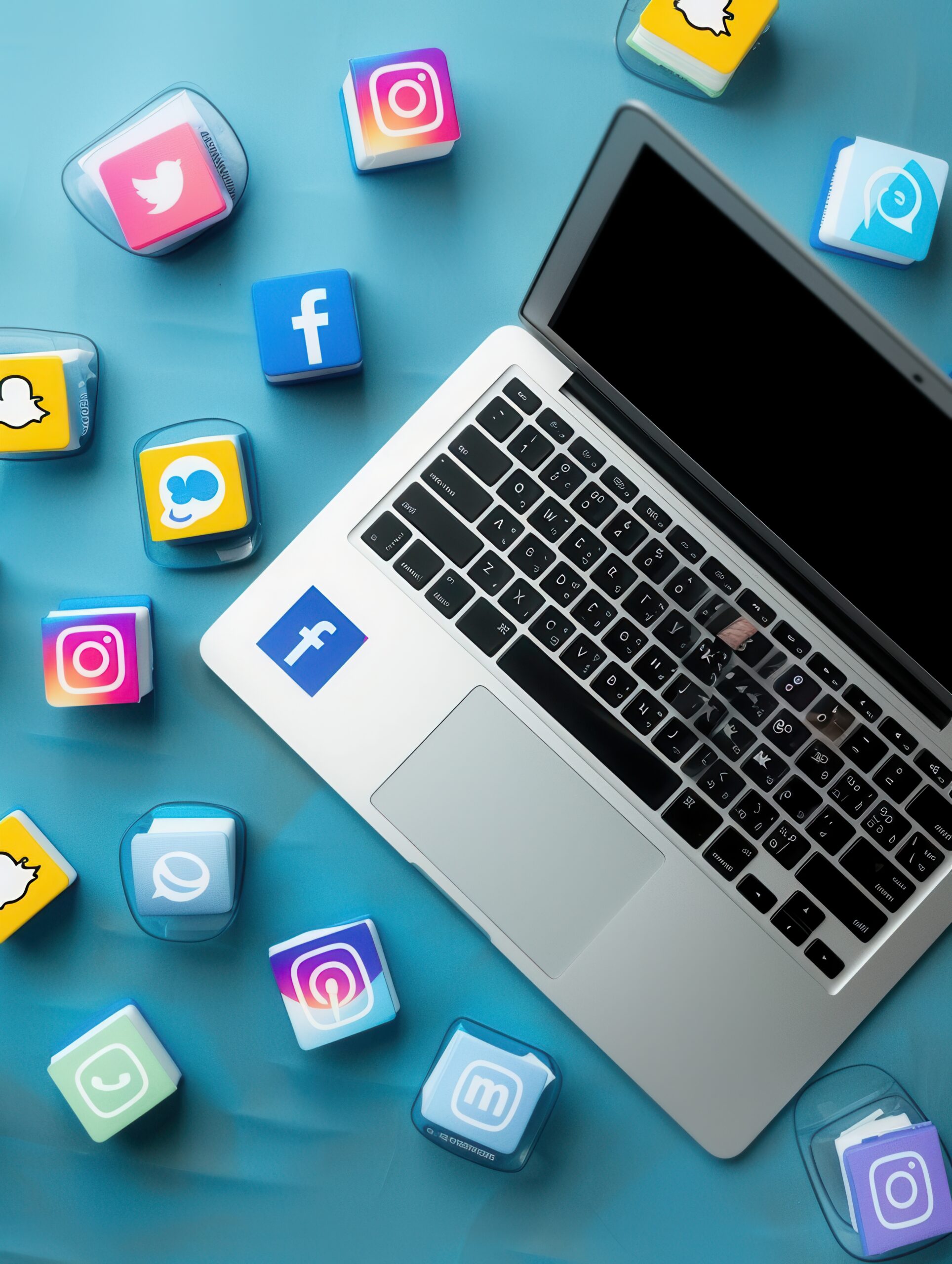 A laptop with multiple social media tabs open on a blue desk, surrounded by colorful social media icons. Generative AI